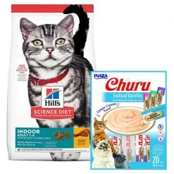 Hill's Science Diet||Inaba Hill's Science Diet Adult Indoor Chicken Recipe Dry Food + Inaba Churu Seafood Puree Grain-Free Lickable Cat Treat