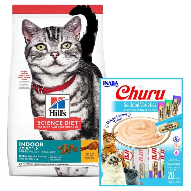 Hill's Science Diet||Inaba Hill's Science Diet Adult Indoor Chicken Recipe Dry Food + Inaba Churu Seafood Puree Grain-Free Lickable Cat Treat 1 Hill's Science Diet||Inaba Hill's Science Diet Adult Indoor Chicken Recipe Dry Food + Inaba Churu Seafood Puree Grain-Free Lickable Cat Treat