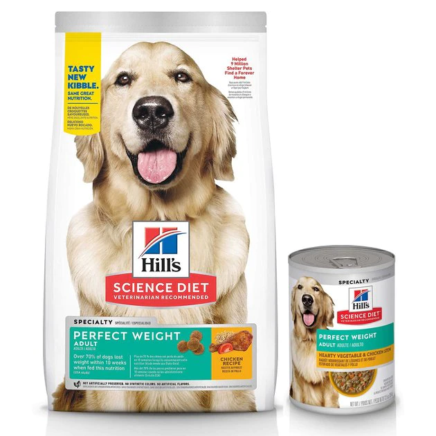 Hill's Science Diet Adult Perfect Weight Chicken Recipe Dry Food, 4-lb bag + Hearty Vegetable & Chicken Stew Canned Dog Food 1 Hill's Science Diet Adult Perfect Weight Chicken Recipe Dry Food, 4-lb bag + Hearty Vegetable & Chicken Stew Canned Dog Food