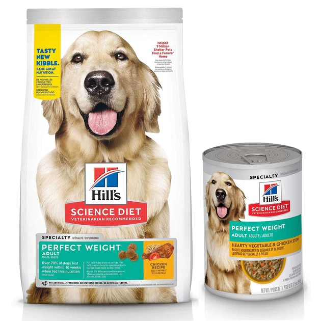 Hill's Science Diet Adult Perfect Weight Chicken Recipe Dry Food, 28.5 lb bag + Hearty Vegetable & Chicken Stew Canned Dog Food 1 Hill's Science Diet Adult Perfect Weight Chicken Recipe Dry Food, 28.5 lb bag + Hearty Vegetable & Chicken Stew Canned Dog Food