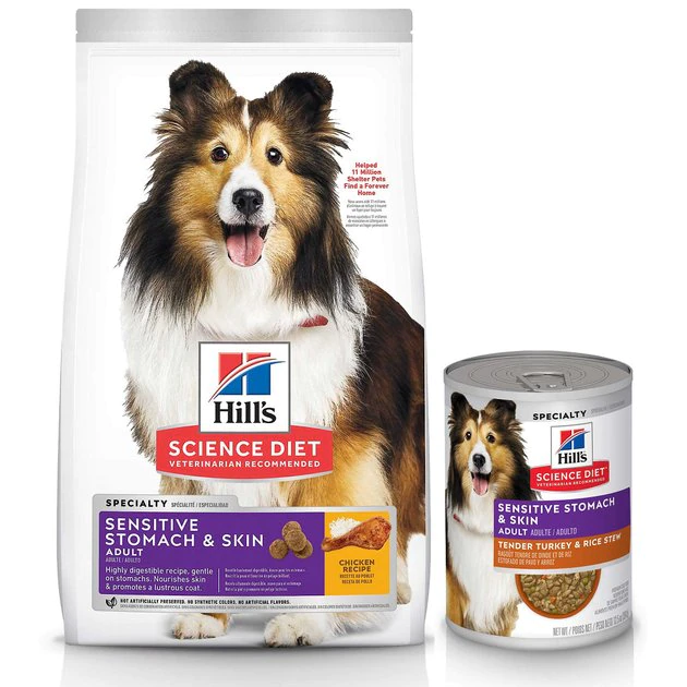 Hill's Science Diet Adult Sensitive Stomach & Skin Chicken Recipe Dry Food, 30-lb bag + Tender Turkey & Rice Stew Canned Dog Food 1 Hill's Science Diet Adult Sensitive Stomach & Skin Chicken Recipe Dry Food, 30-lb bag + Tender Turkey & Rice Stew Canned Dog Food