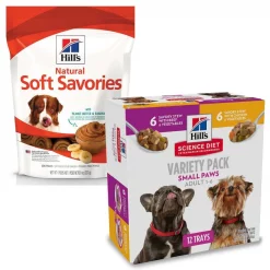 Hill's Science Diet||Hill's Hill's Science Diet Adult Small Paws Chicken & Vegetables & Beef & Vegetables Variety Pack Wet Dog Food Trays, 3.5 oz, case of 12 + Hill's Natural Soft Savories with Peanut Butter & Banana Dog Treats, 8-oz bag
