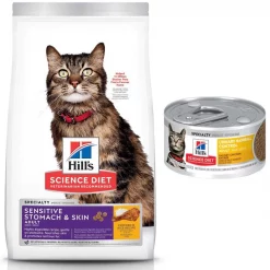 Hill's Science Diet Adult Sensitive Stomach & Skin Chicken & Rice Recipe Dry Cat Food, 15.5-lb bag + Hill's Science Diet Adult Urinary Hairball Control Savory Chicken Entree Canned Cat Food